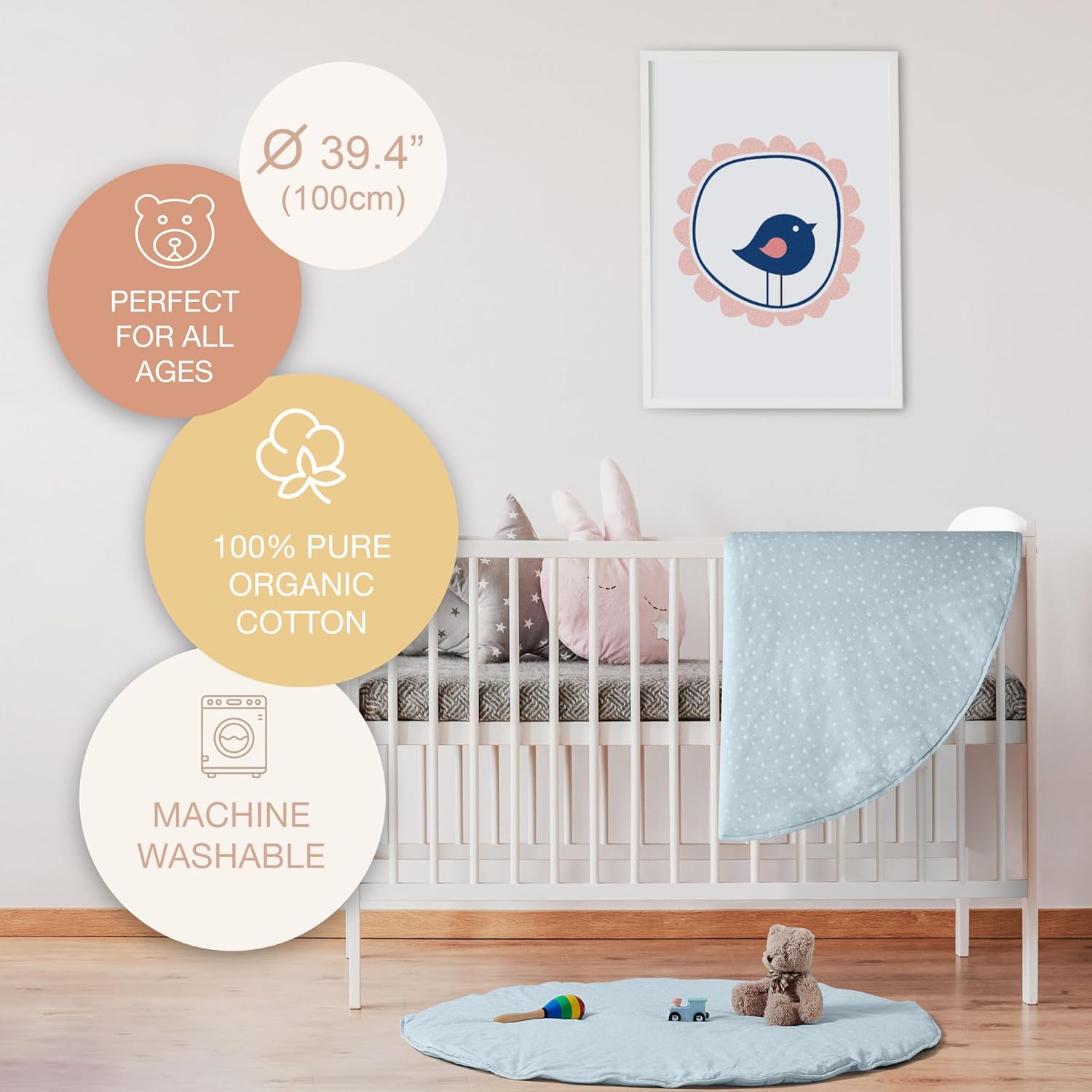 Byrd & Blume Round Baby Play Mat, Organic Cotton Soft Padded Nursery Floor Mat, Safe Hypoallergenic