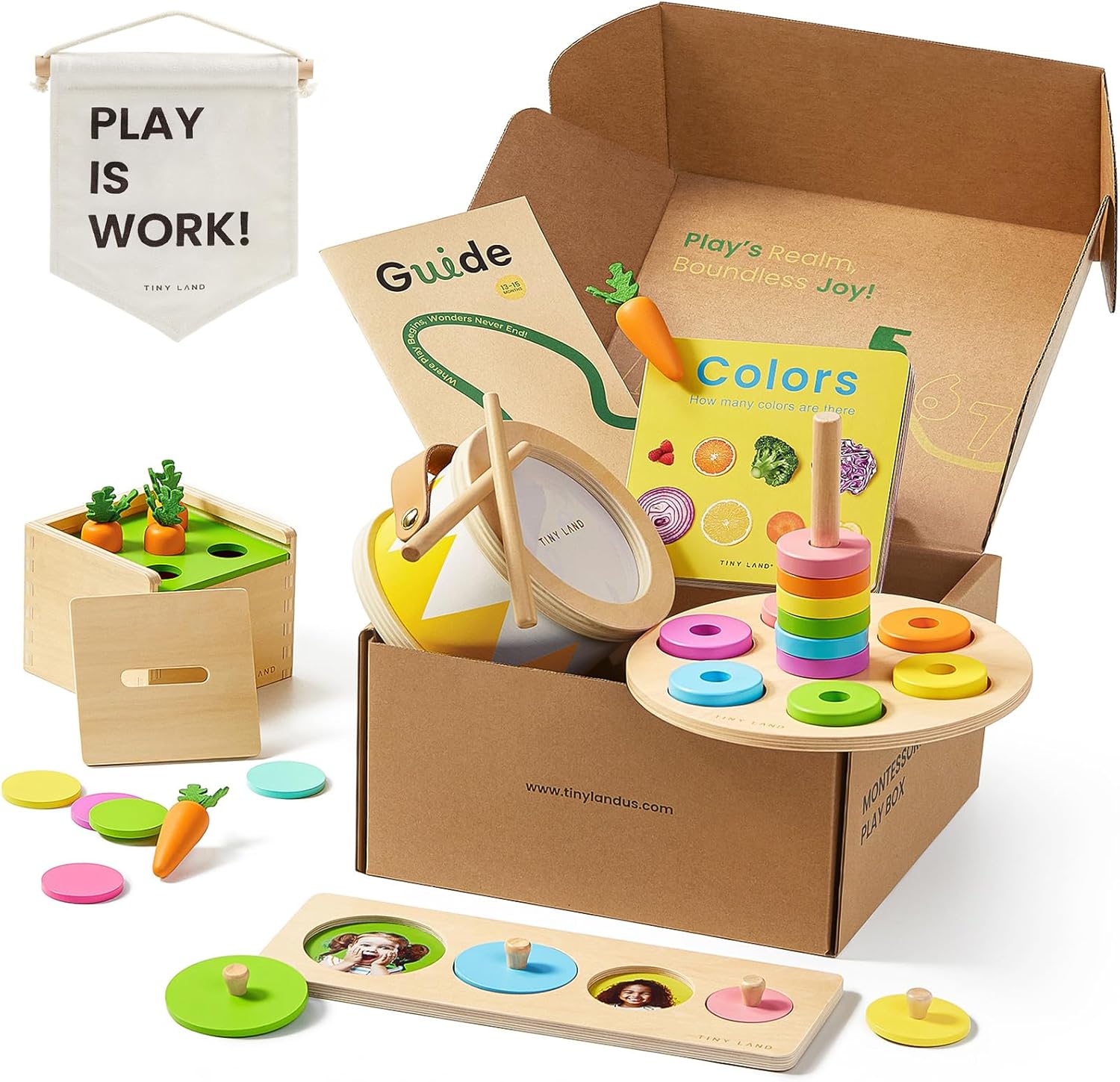 Tiny Land Montessori Toy Set for Baby 13-15 Months Explorer Play Kit - 7-in-1 Baby Drum, Carrot