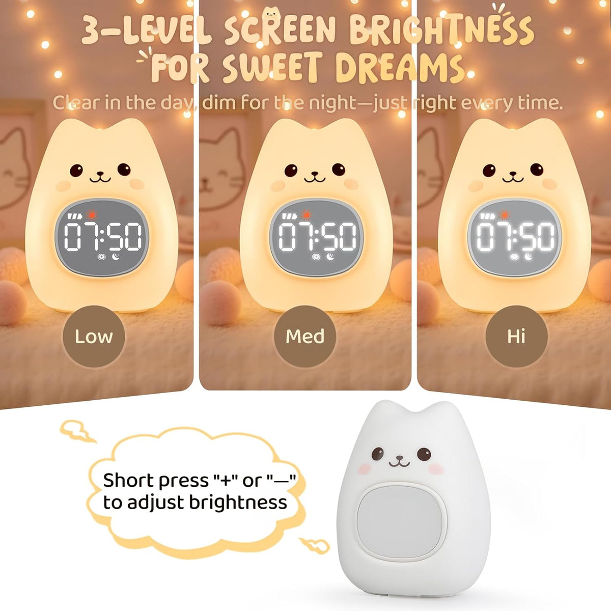 Cat Alarm Clock with Night Light for Kids with Sleep Training and Sound Machine, Rechargeable