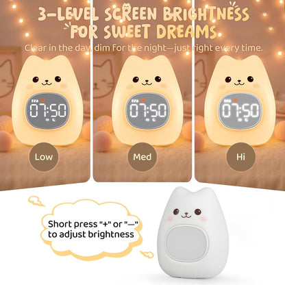 Cat Alarm Clock with Night Light for Kids with Sleep Training and Sound Machine, Rechargeable