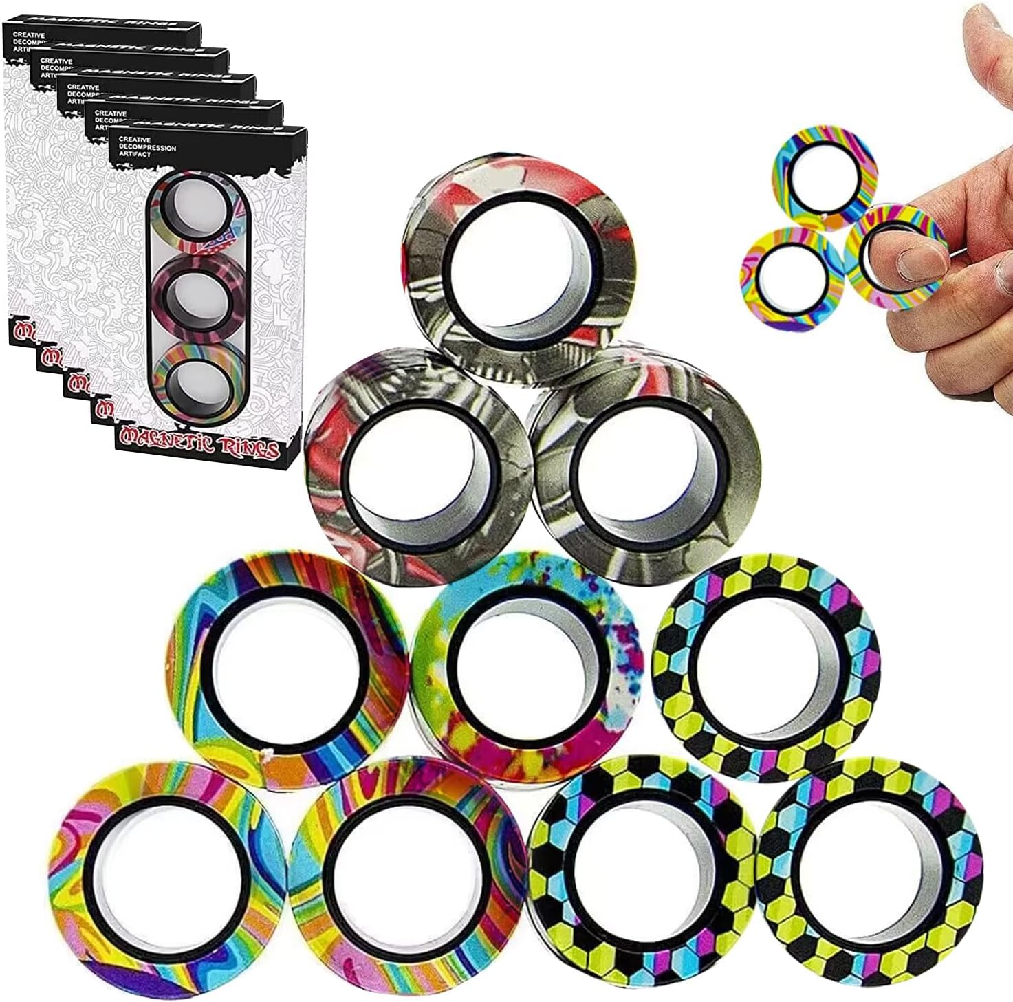 12Pcs Magnetic Rings Fidget Toys Spinner Set,Finger Magnet Rings Endless Hours of Fun ADHD Stress