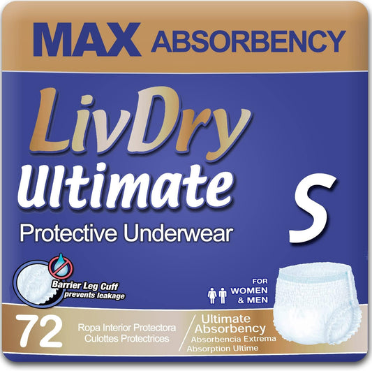 LivDry Small Ultimate Adult Incontinence Underwear, High Absorbency, Leak Cuff Protection, S
