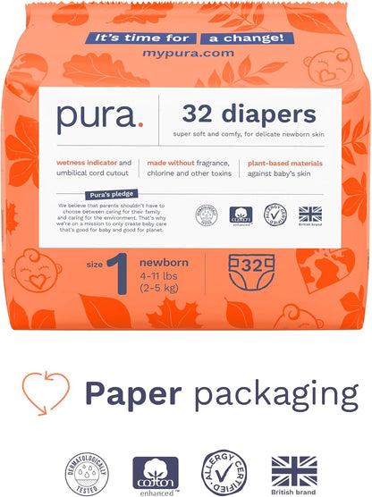 Pura Hypoallergenic Diapers, Size 1 (4-11 lbs), Newborn, Totally Chlorine Free, Wetness Indicator