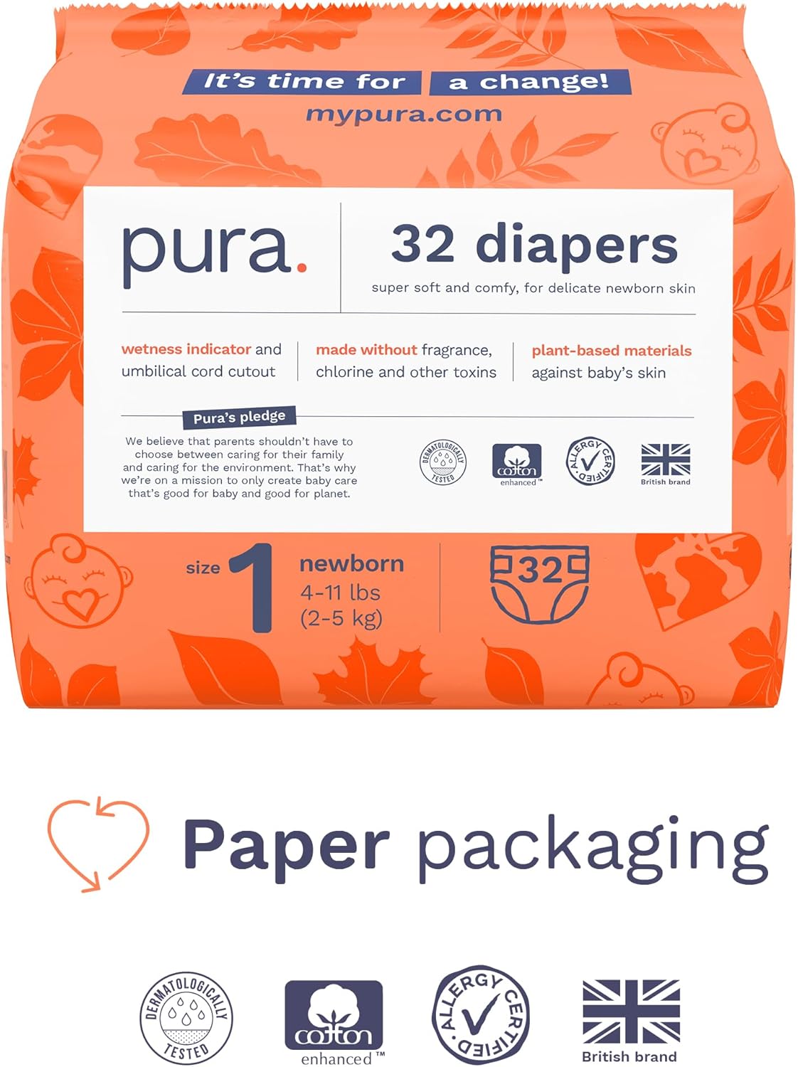 Pura Hypoallergenic Diapers, Size 1 (4-11lbs), Newborn, Totally Chlorine Free, Wetness Indicator