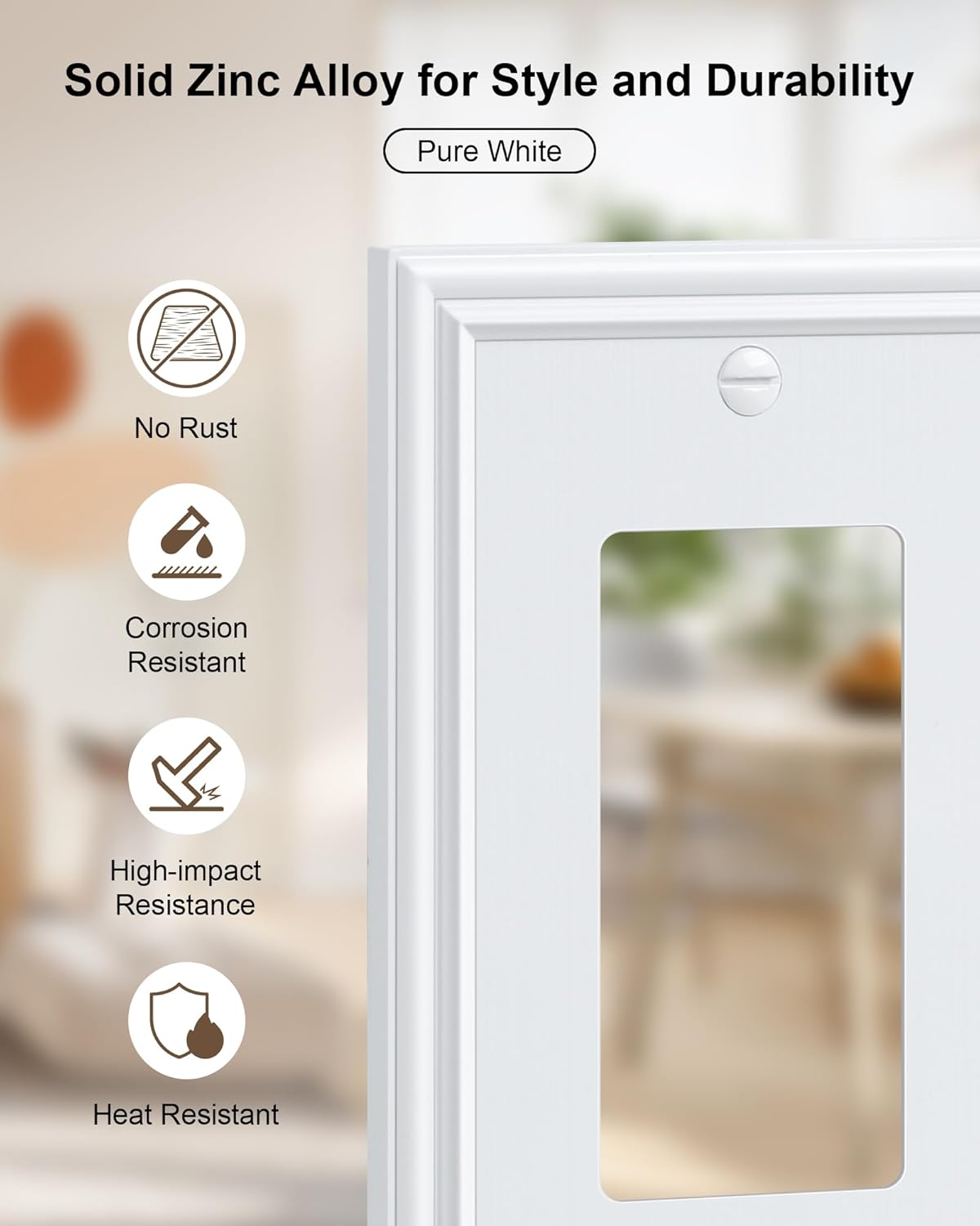 6-Pack Decorator Outlet Cover Plate, White Decorative Switch Plates and Outlet Covers, Durable Zinc