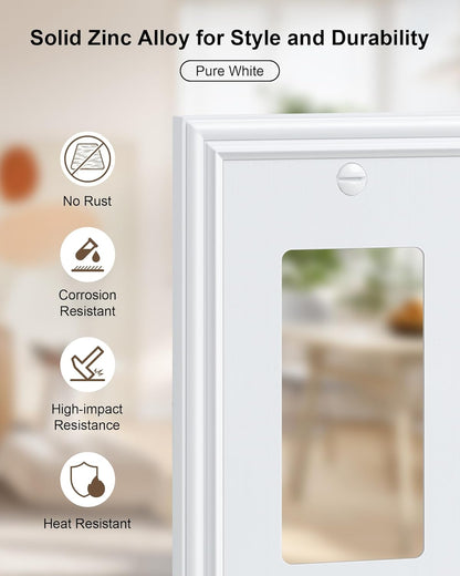 6-Pack Decorator Outlet Cover Plate, White Decorative Switch Plates and Outlet Covers, Durable Zinc
