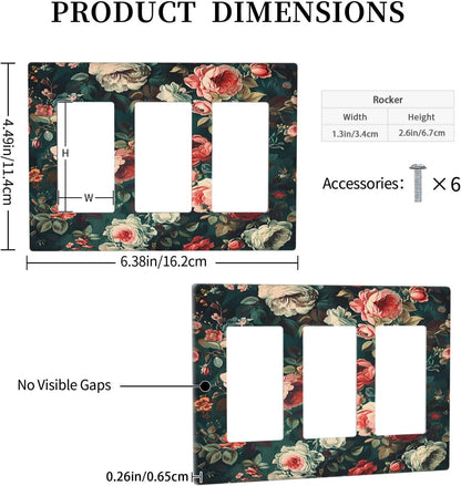 Light Switch Covers Baroque Vintage Peony Flower Floral 3 Gang Rocker Electrical GFCI Decorative