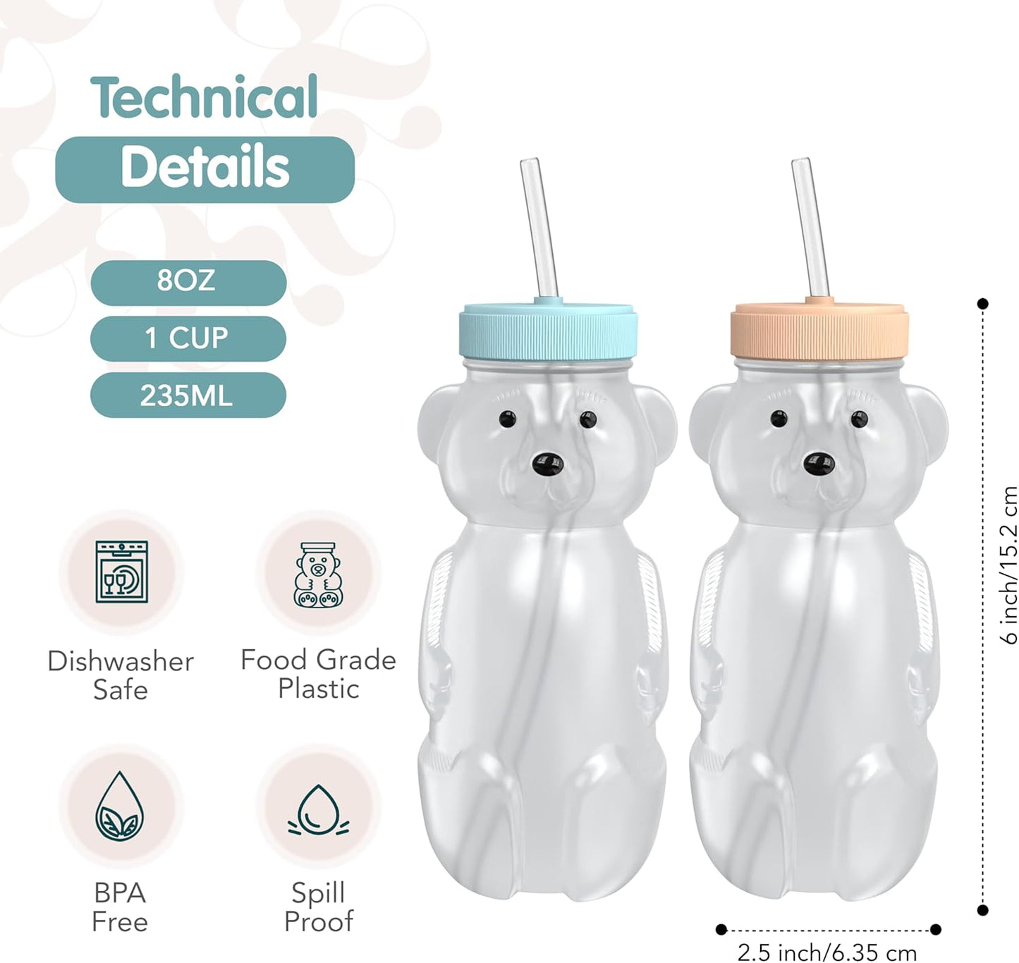 Honey Bear Straw Cup for Babies, 2-Pack Honey Bear Bottle with Travel Lid, Therapy Learning