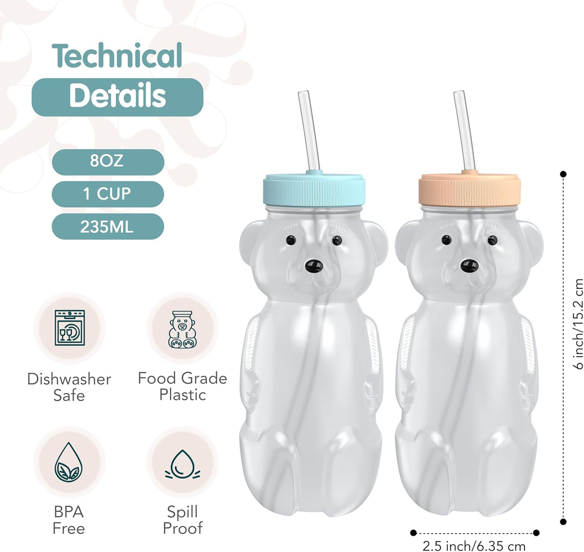Honey Bear Straw Cup for Babies, 2-Pack Honey Bear Bottle with Travel Lid, Therapy Learning
