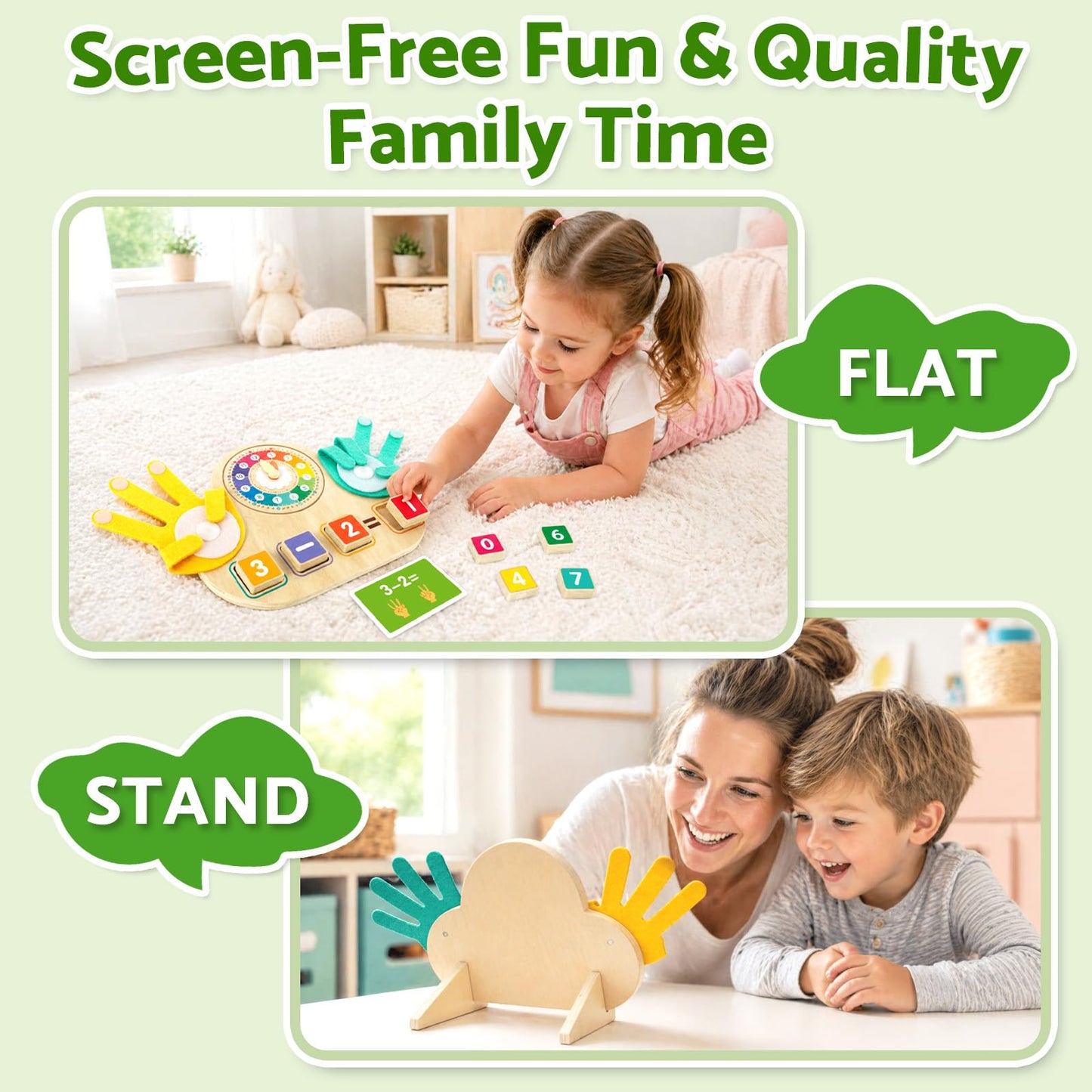 Quliwise 2-in-1 Wooden Math Manipulatives & Teaching Clock Toys