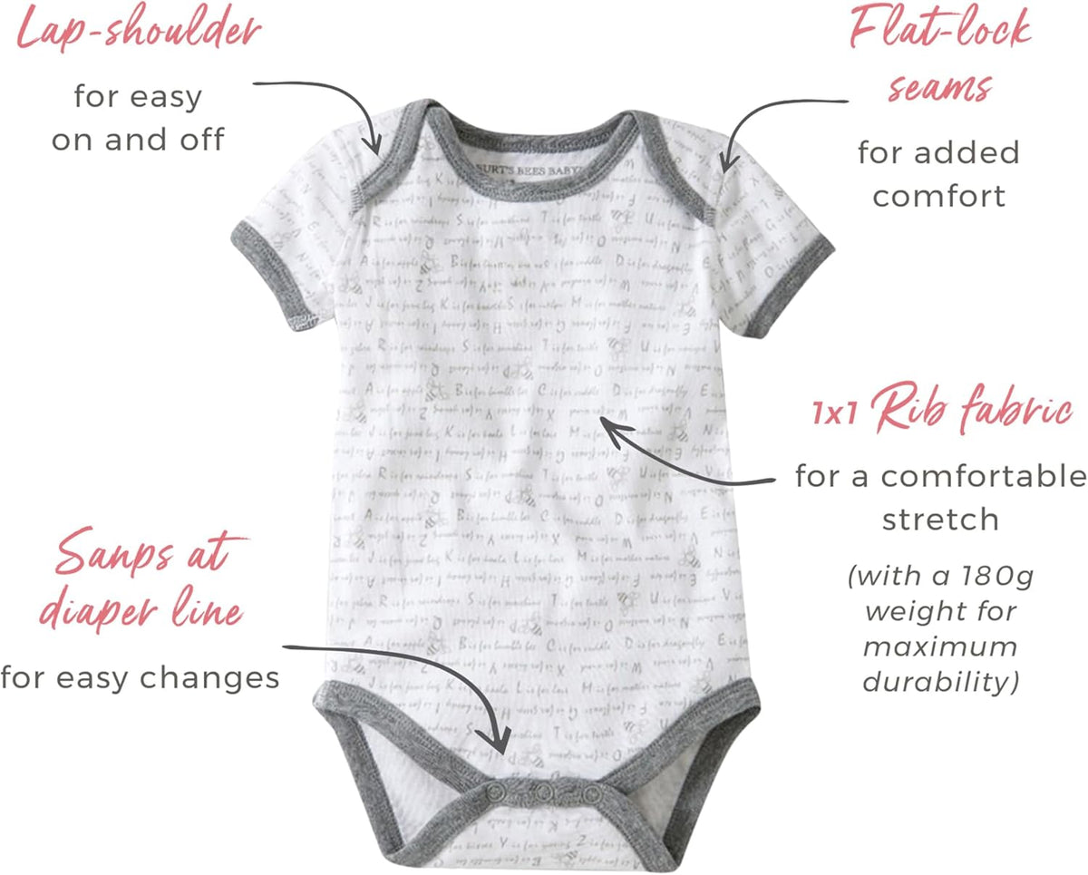 Burt's Bees Baby Unisex Organic Cotton Short and Long Sleeve Bodysuits, 5-Pack
