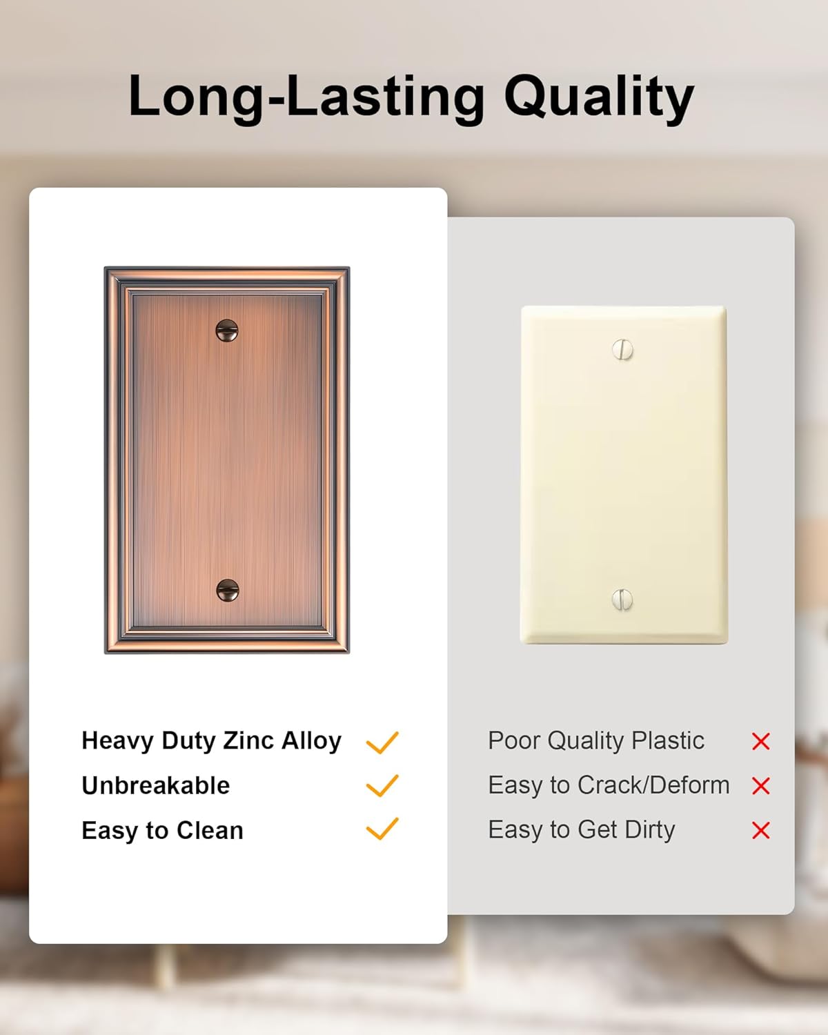 2-Pack Single Blank Wall Plates, Durable Solid Zinc Alloy Blank Outlet Covers, Decorative Antique