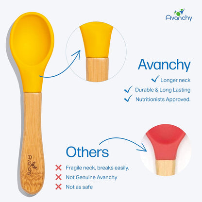 Avanchy Baby Spoons 5 Bamboo and Silicone Set, Self Feeding Food Utensils, 4 Months Baby Led