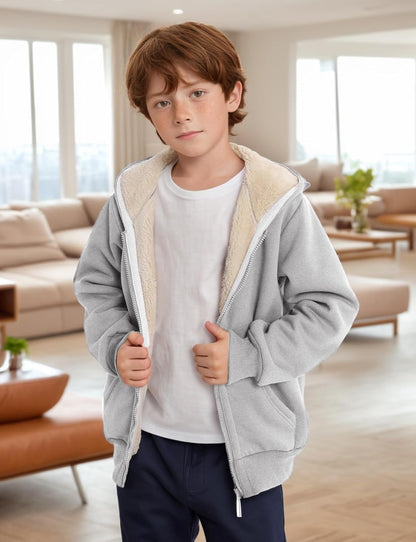 Gihuo Unisex Boy's Girls Winter Warm Sherpa Lined Zip Up Sweatshirt Fleece Jacket Kid's Hoodie