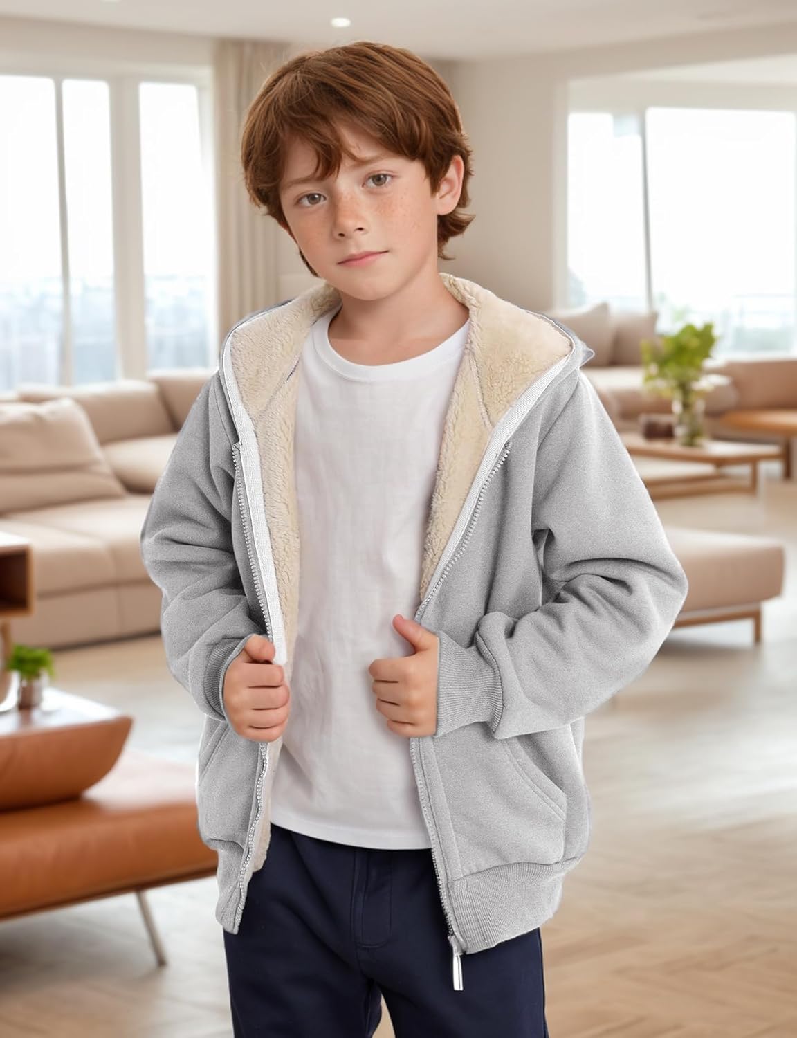 Gihuo Unisex Boy's Girls Winter Warm Sherpa Lined Zip Up Sweatshirt Fleece Jacket Kid's Hoodie