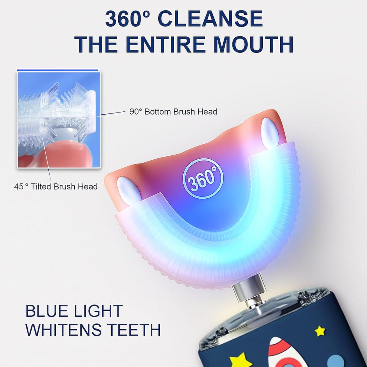Kids U Shaped Electric Toothbrush Ultrasonic Automatic Brush with 5 Brush Head 6 Clean Modes IPX7