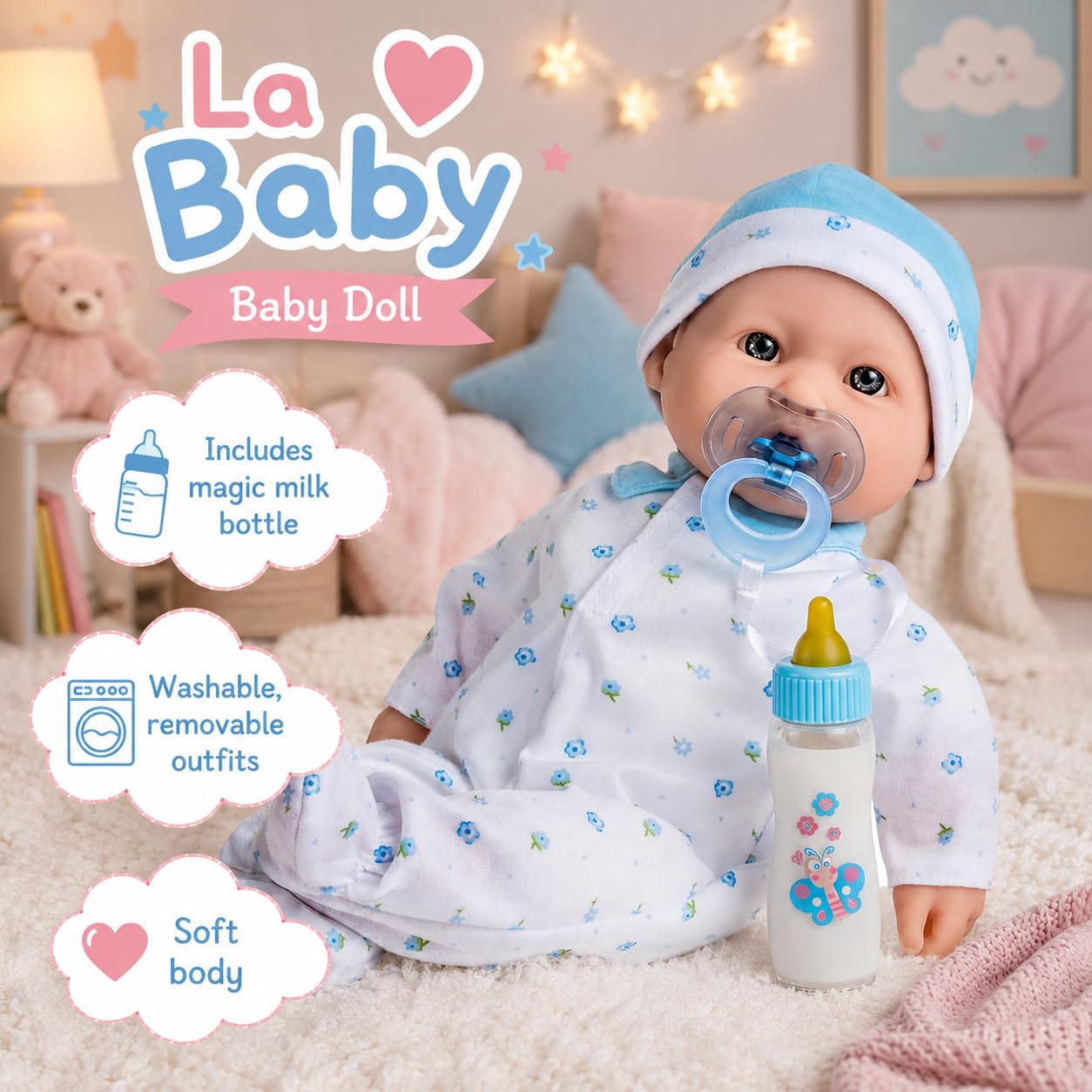 JC Toys, La Baby 16-inch Blue Washable Soft Body Boy Baby Doll with Accessories - For Children 12
