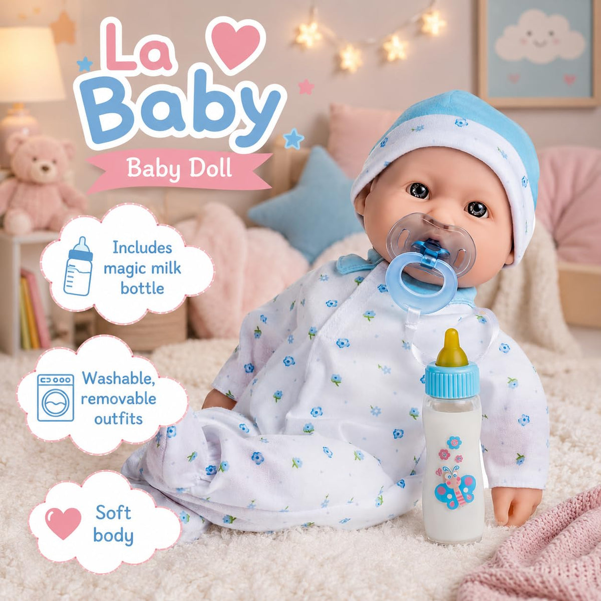 JC Toys, La Baby 16-inch Blue Washable Soft Body Boy Baby Doll with Accessories - For Children 12