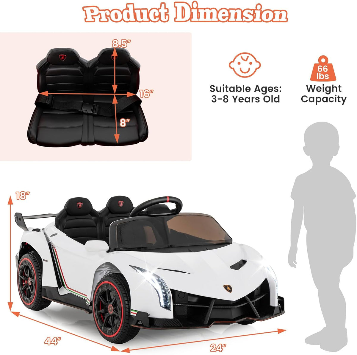 Costzon Ride on Car, Lamborghini Licensed 12V Battery Powered 4WD Sports Car with Remote Control, 3