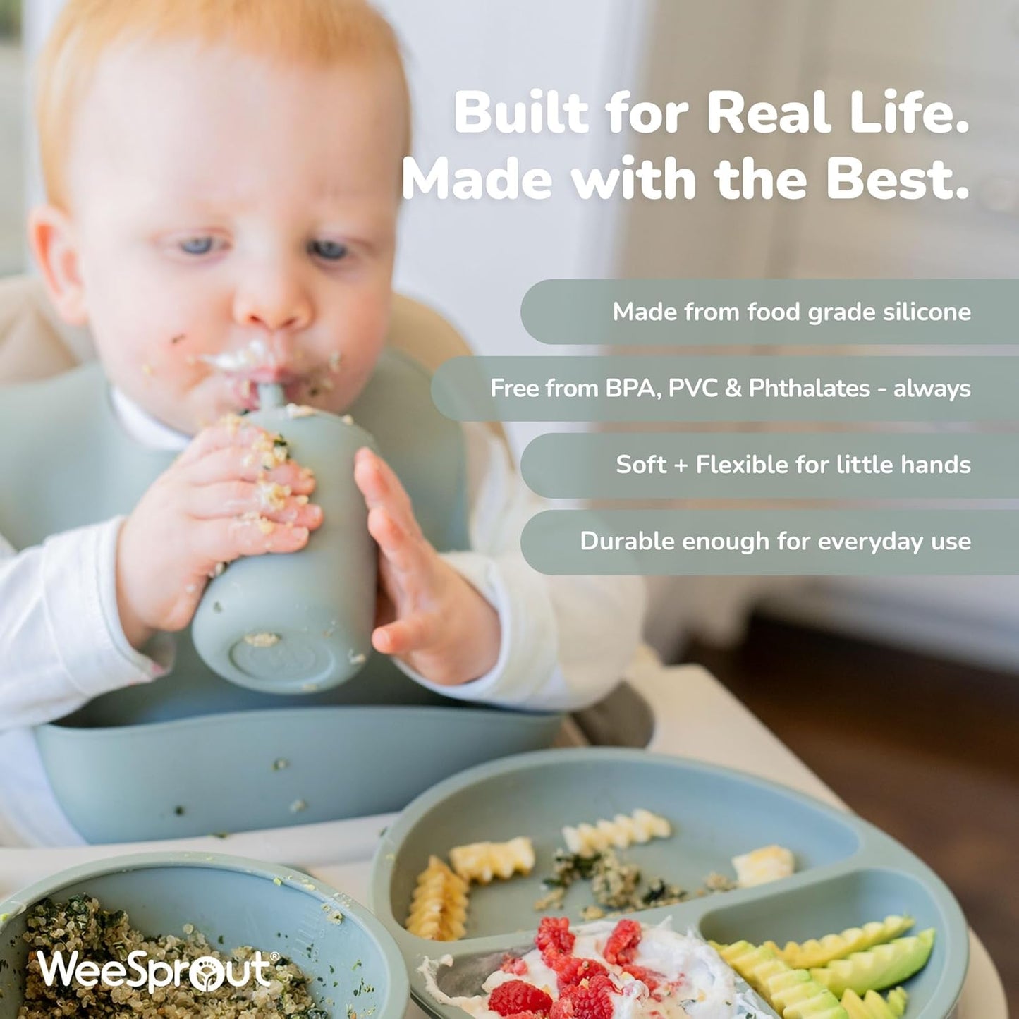 WeeSprout Silicone Baby Cups With Straws and Lids, 4 & 8 oz Options, Set of 2, Food Grade Toddler