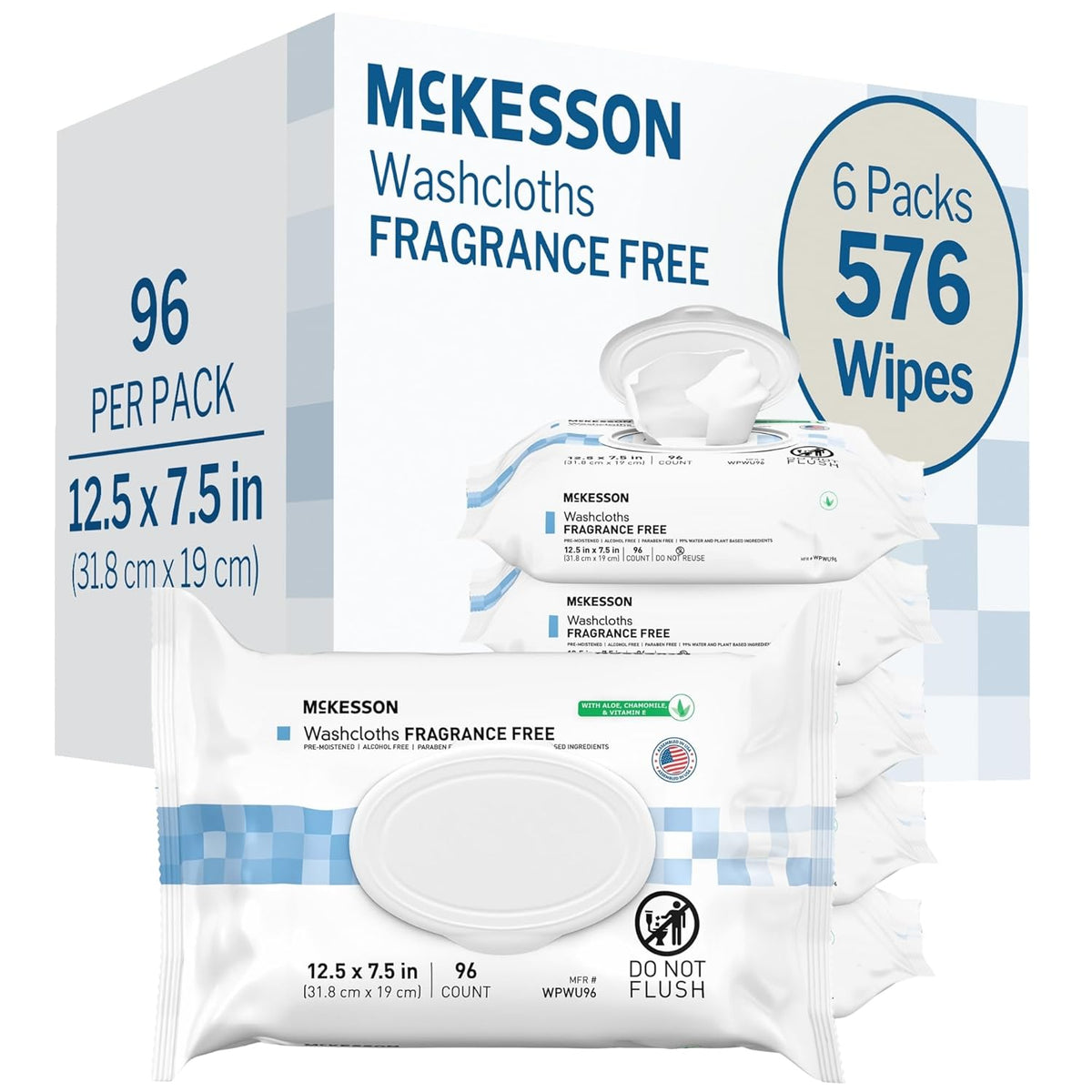 McKesson Washcloth Wipes for Adults, Unscented (6 Pack, 576 Washcloths) Disposable Wash Cloths for