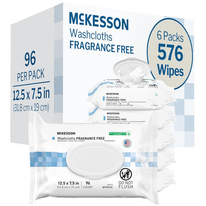 McKesson Washcloth Wipes for Adults, Unscented (6 Pack, 576 Washcloths) Disposable Wash Cloths for