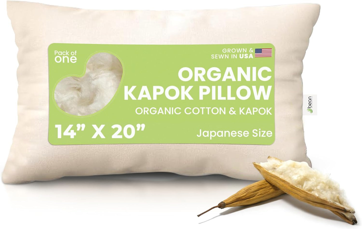 Bean Products Kapok 14" x 20" Japanese Pillow - Breathable, Eco-Friendly and Durable Organic Cotton