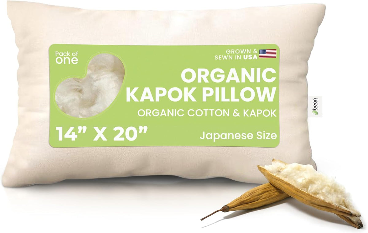 Bean Products Kapok 14" x 20" Japanese Pillow - Breathable, Eco-Friendly and Durable Organic Cotton