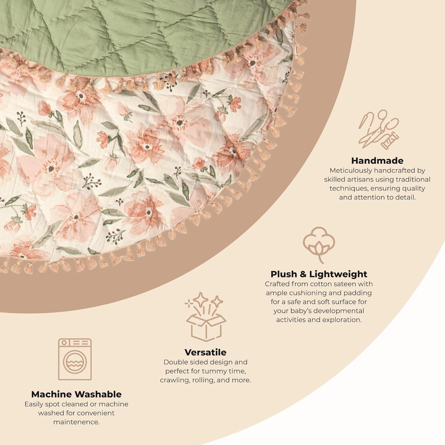Crane Baby Padded Floor Mat, Pink Floral Nursery Decor, Activity Mat, 40" x 40", Baby Tummy Time