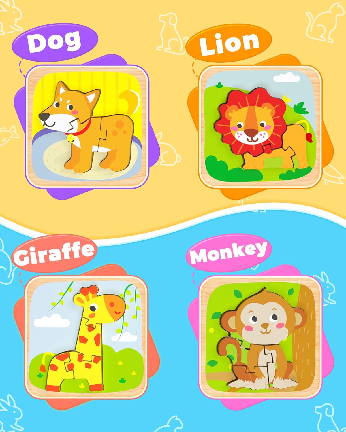 Benresive Wooden Toddler Puzzles, 4pcs Animal Montessori Toys for 1-3 Year Old Boys & Girls
