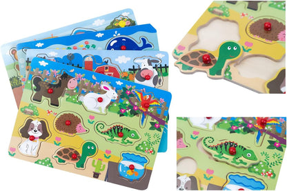 Peg Puzzle Set of 4 (32 pcs), Wooden Knob Puzzles for Toddlers Ages 1-3, Farm Zoo，Forest Animals