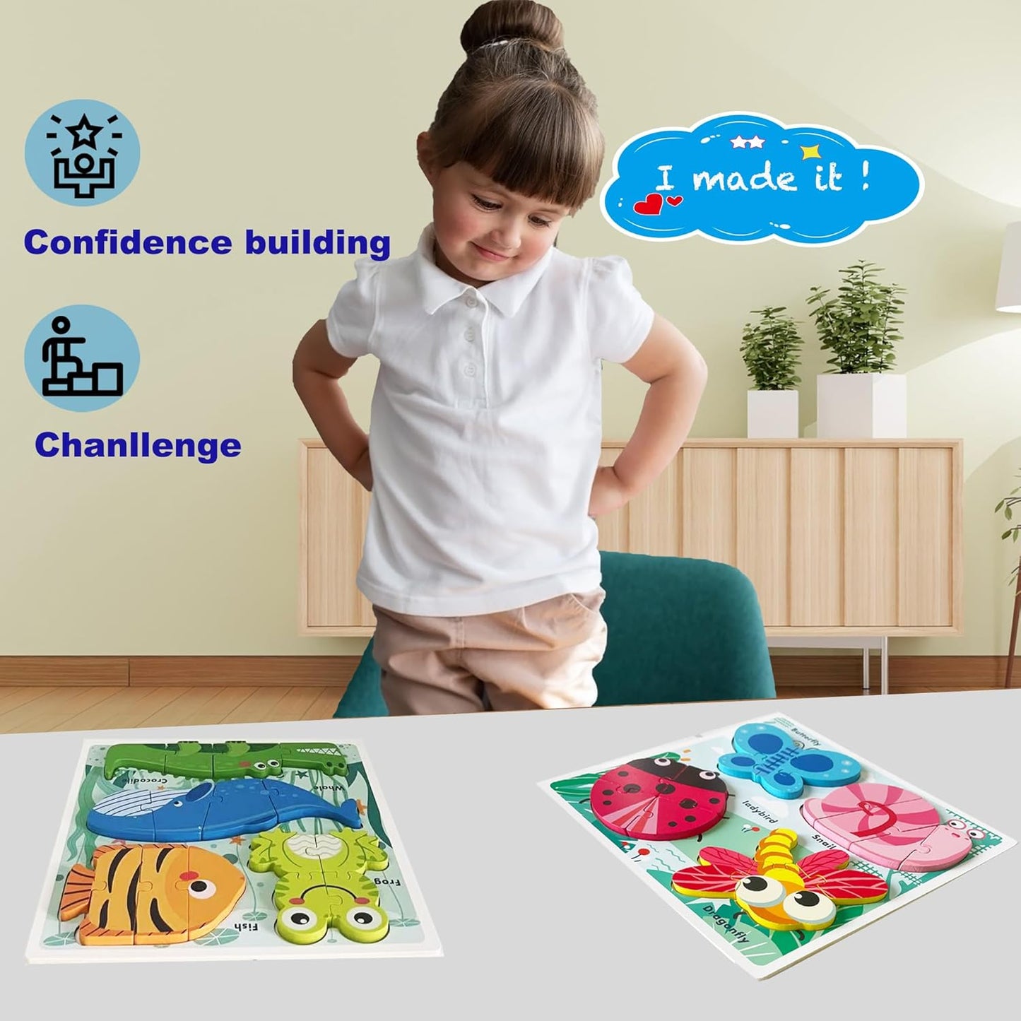 Wooden Creature Puzzles for Toddlers 2-4,Toddler Puzzle Ages 1-3, Montessori Educational Toys for 2