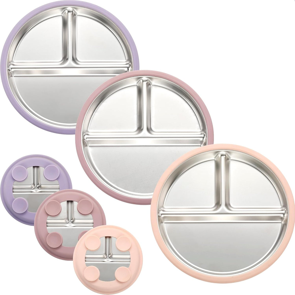 3Pack Stainless Steel Kids Plates, 8.1" Divided Toddler Plates with Removable Silicone Suction