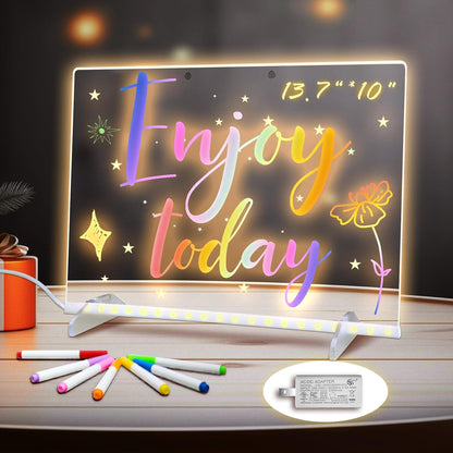 LED Note Board with Colors, 13.7"X10" 4 Modes & 7 Colors Acrylic Dry Erase Board with Light