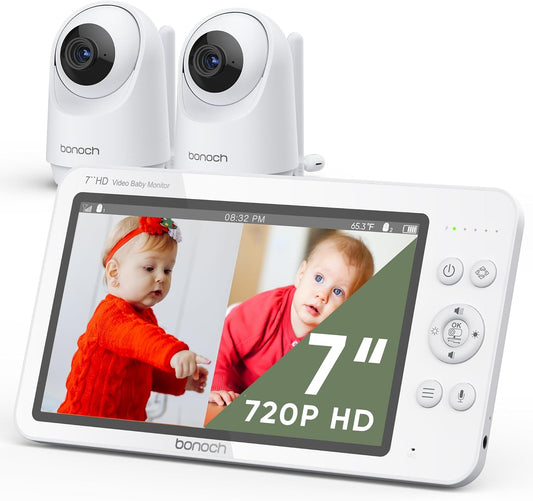 bonoch MegaView Baby Monitor with 2 Cameras, 7" 720P HD Split Screen Baby Monitor No WiFi, Video