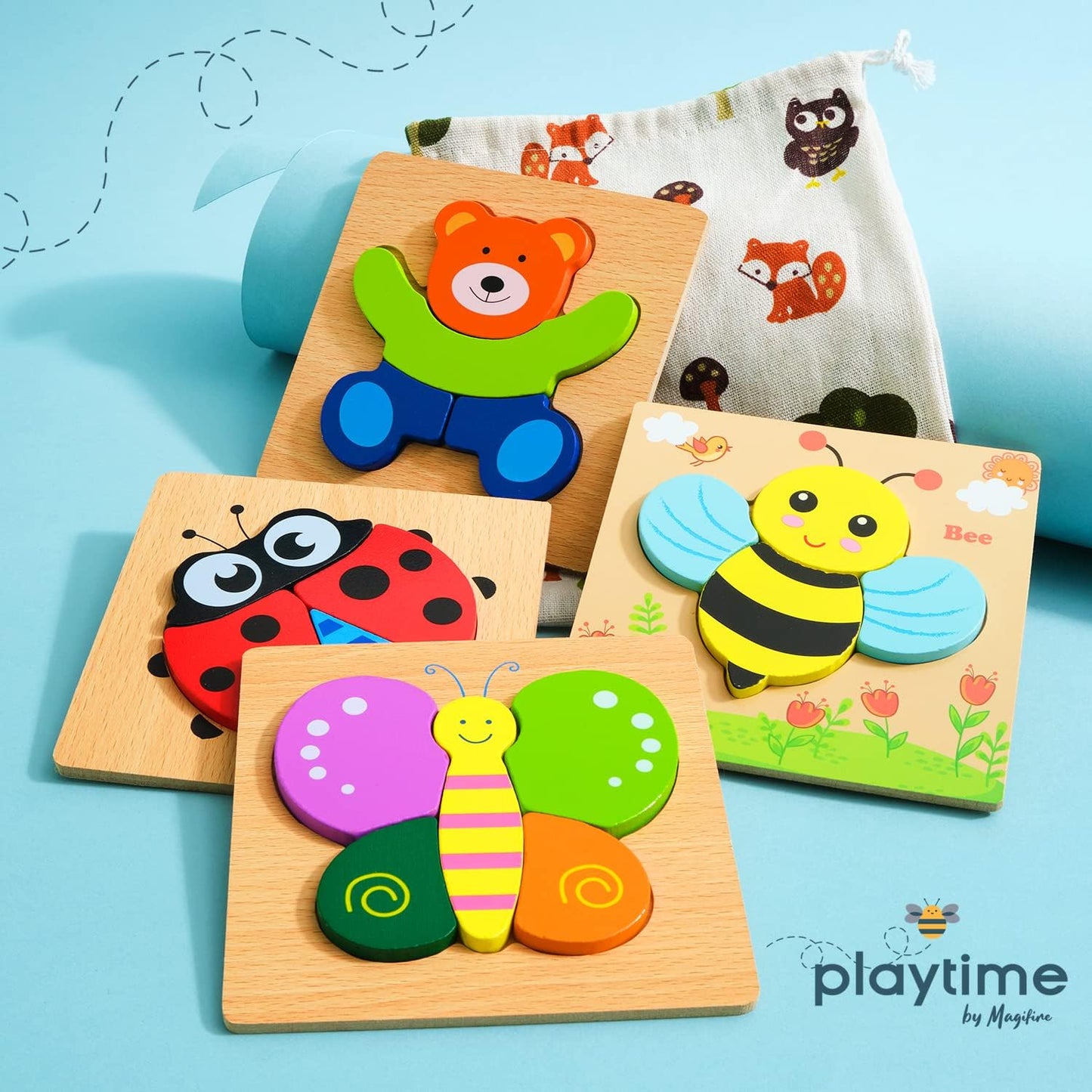 MAGIFIRE Toddler Wooden Puzzle Set - 4-Pack 5.7 x 5.7 Inch Multicolor Wood - Chunky Pieces for