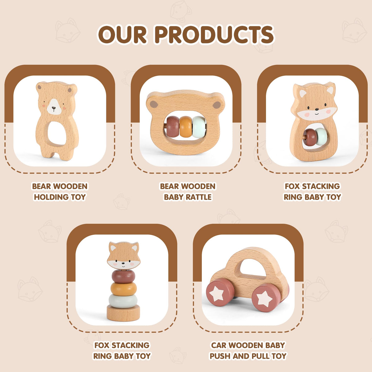 FReniland Wooden Montessori Toys, 5-Piece Wooden Baby Toys, Bear Baby Rattle, Fox Stacking Ring