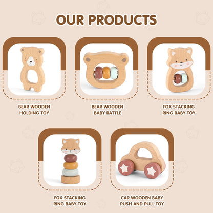 FReniland Wooden Montessori Toys, 5-Piece Wooden Baby Toys, Bear Baby Rattle, Fox Stacking Ring