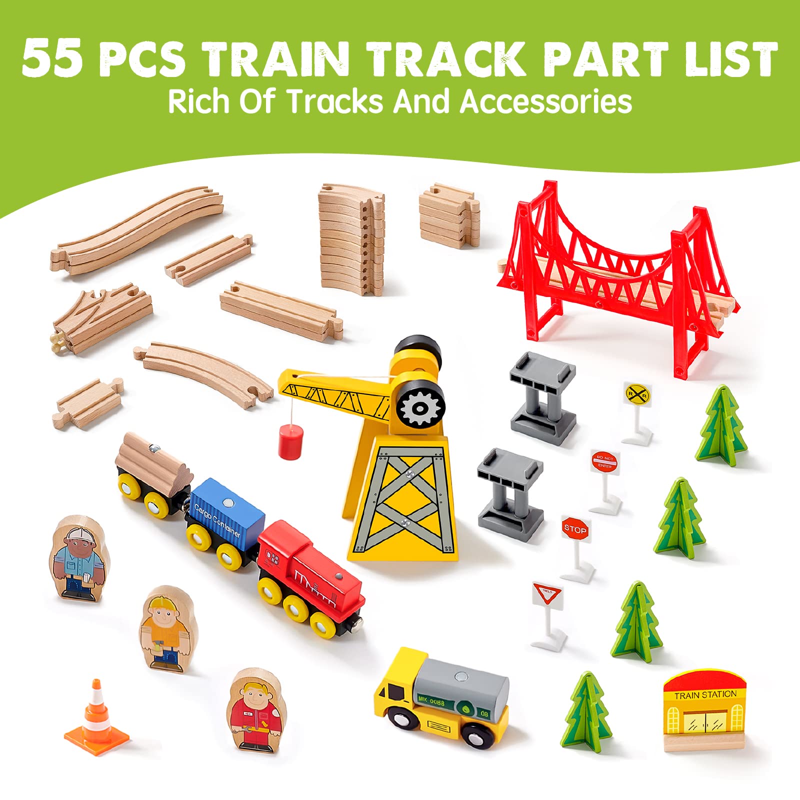 Tiny Land 55PCS Wooden Train Set, Durable Wooden Railway Tracks