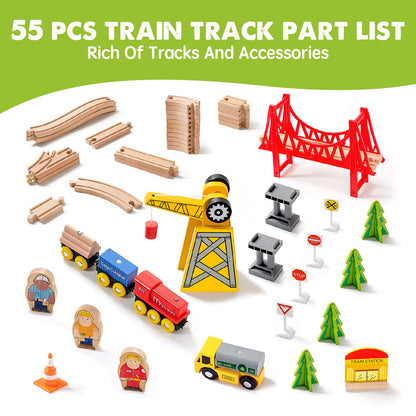 Tiny Land 55PCS Wooden Train Set, Durable Wooden Railway Tracks