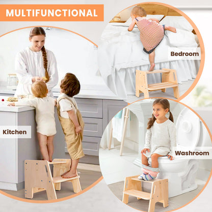 Toddler Step Stool, Wooden Height-Adjustable 2-Step Stool for Kids, Potty Training Stool with