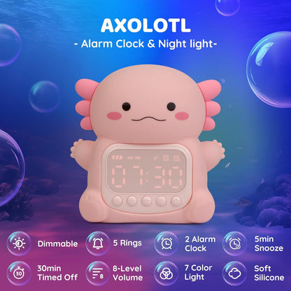 Axolotl Alarm Clock with Night Light for Kids, Rechargeable Silicone Lamp Time to Wake Clock，Cute