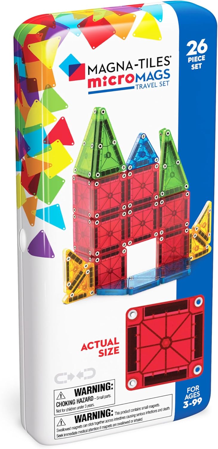 MAGNA-TILES microMAGS 26-Piece Travel Magnetic Construction Set – Bold Colors, The Original