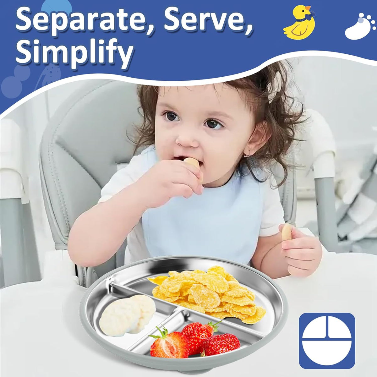 Stainless Steel Suction Plates for Toddlers, 9" Divided Kids Baby Plates with Removable Silicone