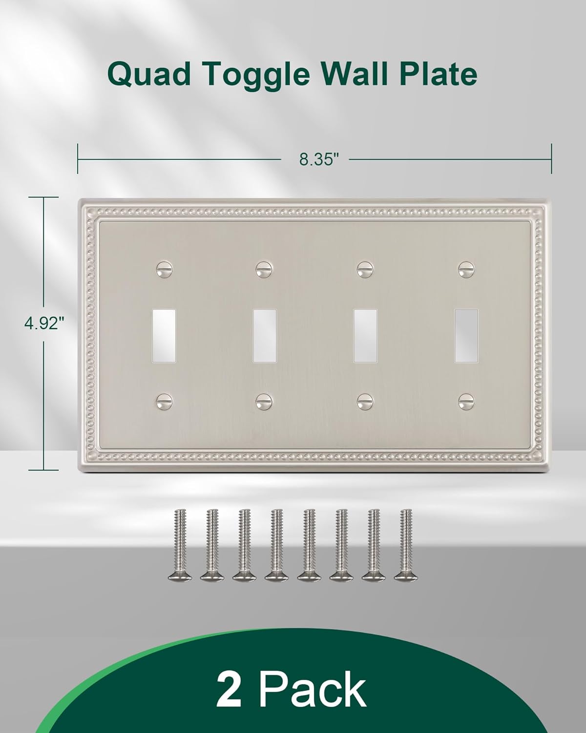 2-Pack Quad Toggle Light Switch Cover Plate, 4 Gang Metal Switch Plate Covers, Brushed Nickel