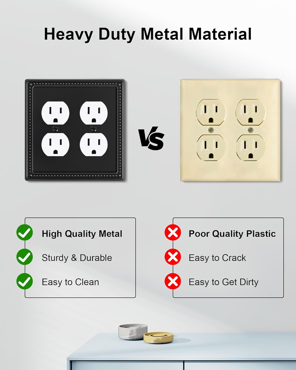 2-Pack Double Duplex Outlet Cover, Metal Switch Plates and Outlet Covers, Black Pearls Decorative