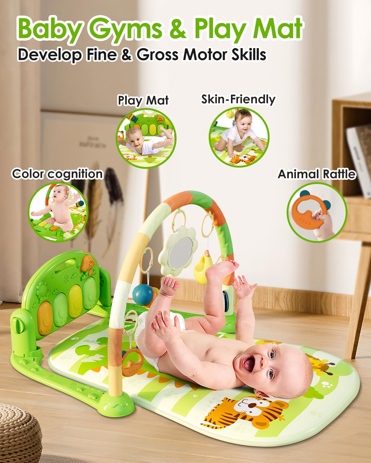 Dearlomum Baby Play Mat & Gym, Funny Piano Tummy Time Activity Mat with 5 Sensory Toys, Music &
