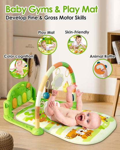 Dearlomum Baby Play Mat & Gym, Funny Piano Tummy Time Activity Mat with 5 Sensory Toys, Music &