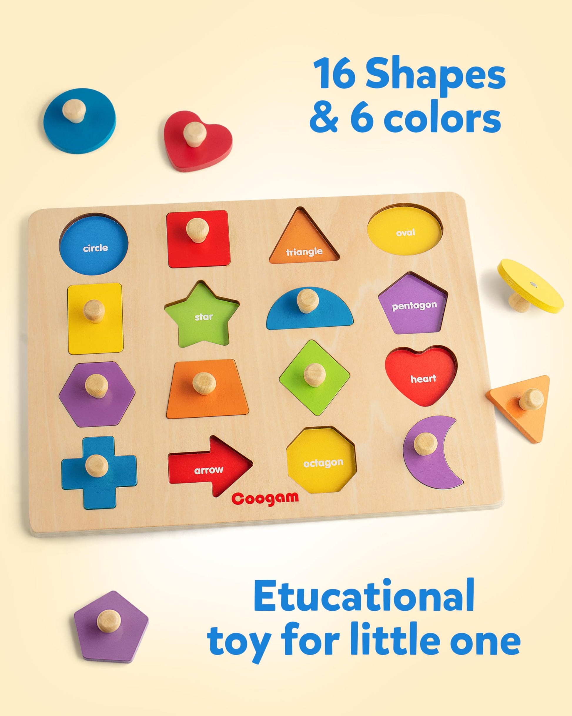 Coogam Montessori Toy Wooden Shape Peg Puzzle, Fine Motor Color Matching Sorting Board, Early