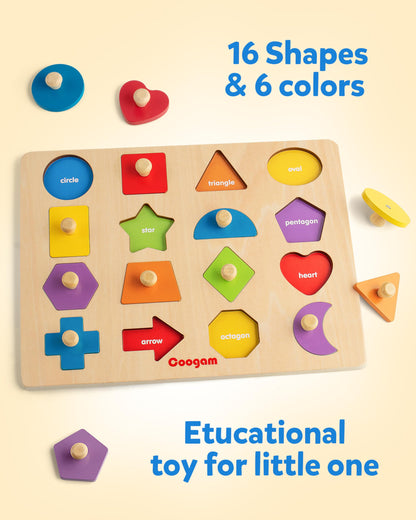 Coogam Montessori Toy Wooden Shape Peg Puzzle, Fine Motor Color Matching Sorting Board, Early